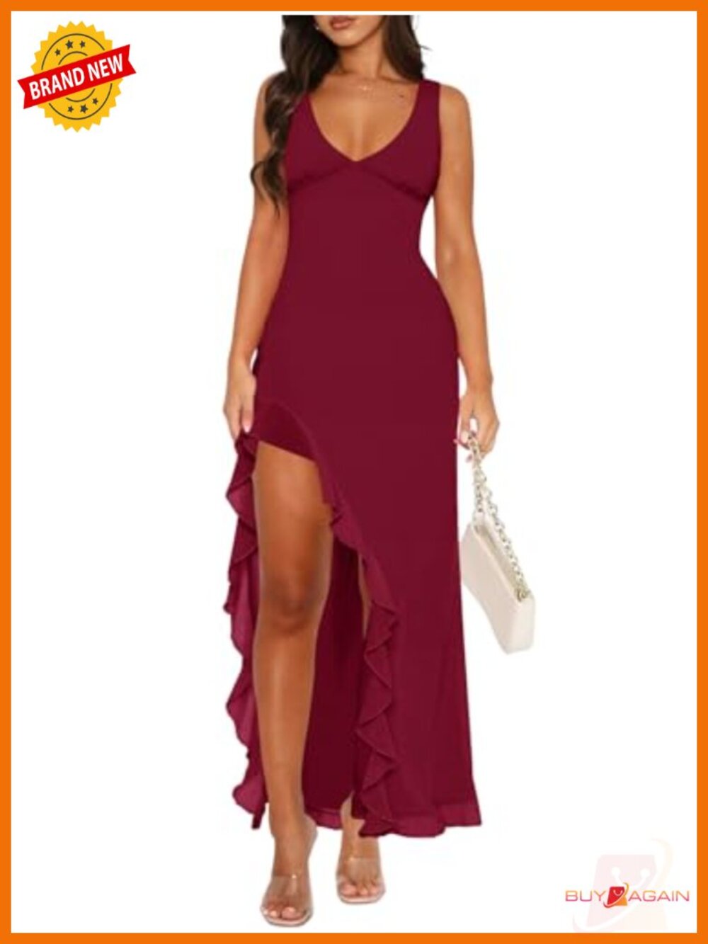 Women's Mesh Bodycon Maxi Dress Sleeveless V-Neck Ruffle Slit Formal Evening